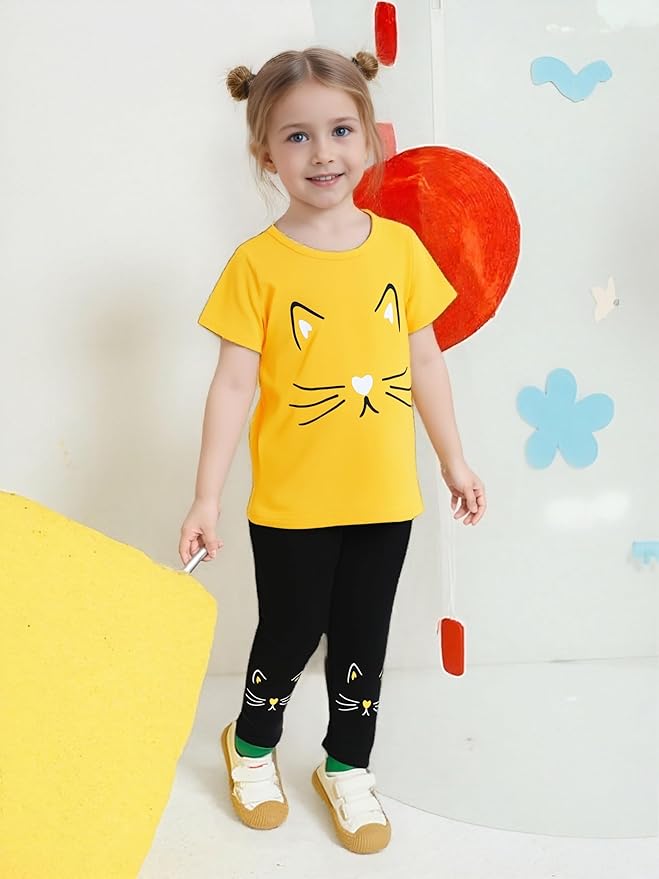 4-8T Toddler Girl Clothes Cat face print Short Sleeve Top+Pants Outfits Girl Spring and summer 2-Piece Set