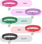 Leather Cat Collars for Boy Girl Cats with Bell and Safety Elastic Belt, Personalized Rivets Stud Adjustable Safe Buckle Collar with Skull Charm for Kitty Small Pets, Green