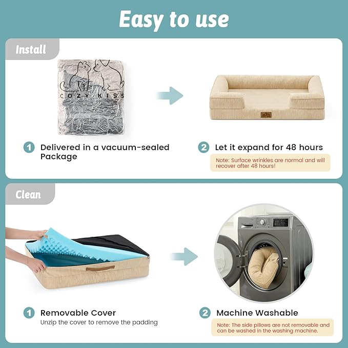 Cooling Dog Bed for Extra Large Dogs, Q-Max >0.4 Summer Cool Orthopedic Foam Pet Sofa Bed with Sides, Bolster Anti-Slip Couch with Washable Removable Cover, XXL 48x35x7.5 inch, Beige