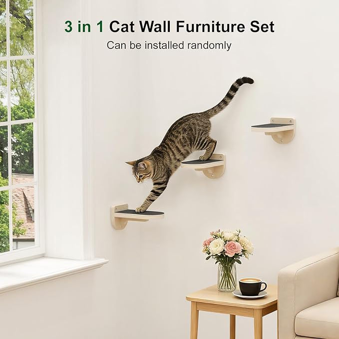Cat Wall Shelves, 3 in 1 Cat Wall Furniture Set with Non-Slip Carpet, Wooden Wall-Mounted Kitten Climber Shelves for Jumping & Playing