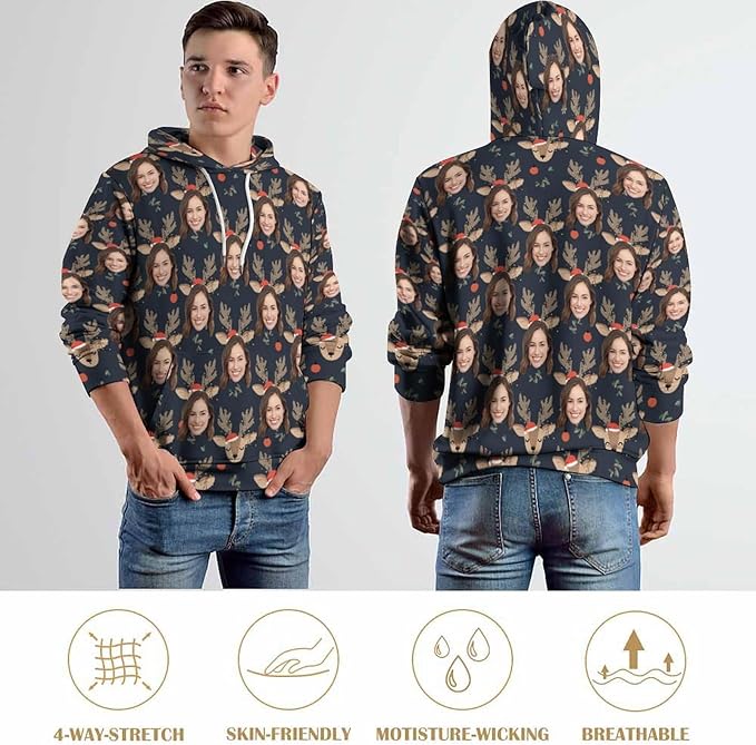 Artsadd Custom Face Unisex athletic Pockets Sweatshirt Loose Hoodie Custom Christmas Long Sleeve Sweatshirt Hooded Pullover