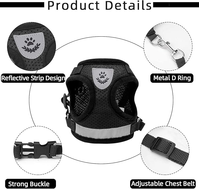 Cat & Dog Vest Harness - All Weather Mesh, Reflective Strap, Step-in Adjustable for Small Cats & Dogs (Black, XS)
