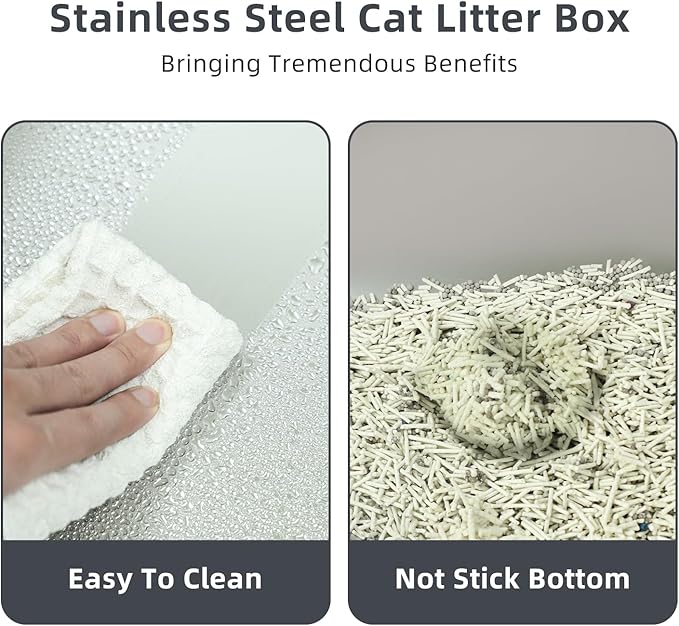 Round High-Sided Stainless Steel Cat Litter Box,Stainless Steel Litter Box with Lid,Extra Large Box,Easy-to-Clean Metal Litter Pan for Cats