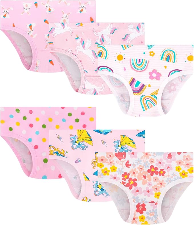 Girls and Toddlers 100% Cotton Underwear Tagless Soft Panties Size 2-3T,4-5T,6,8,10,12 (6-Pack)