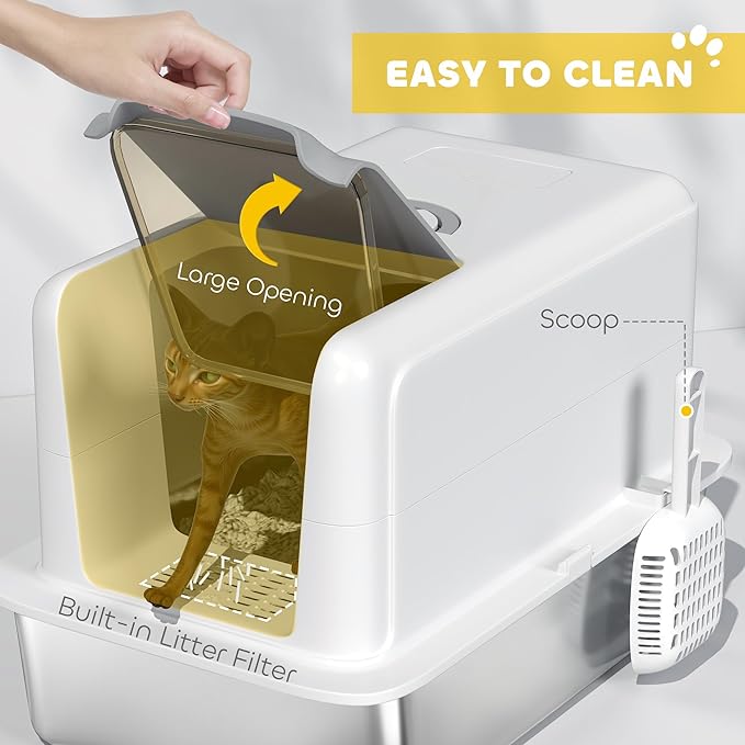 PawHut Stainless Steel Cat Litter Box, Extra Large 2 in 1 Metal Kitty Litter Pan with High Enclosure, Removable Lid & Scoop, Filter Bags, Easy to Clean, for Small to Large Kittens, White