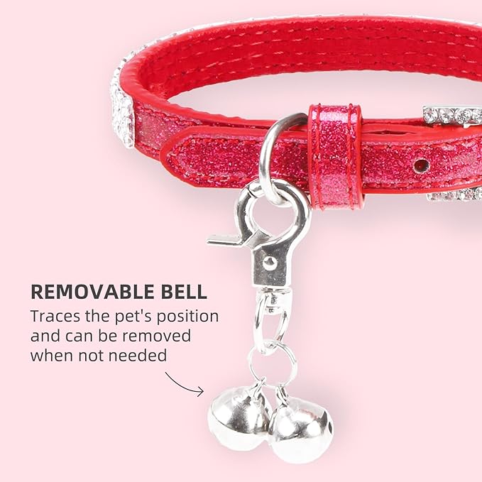 PUPTECK Basic Adjustable Cat Collar with Bling Diamond and Double Bells, for Kitten and Small Puppy, Fashion and Shining Dog Rhinestone Collars, 6-8 in, Red
