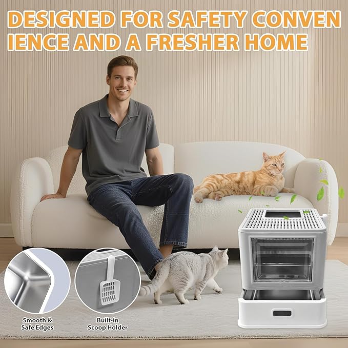 Homegroove Stainless Steel Cat Litter Box with Drawer, XL Foldable Enclosed Kitten Litter Box with Lid for Indoor Cats, Metal Covered Cat Litter Pan with Litter Scoop (Gray)