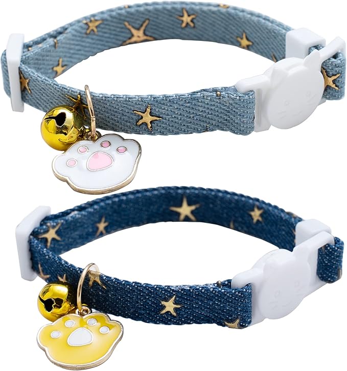2 Pack Denim Breakaway Cat Collars with Bell Cat Paw Pendant Kitty Kitten Collars Blue Collar for Female Girl Cats Male Boy Cats Star Print