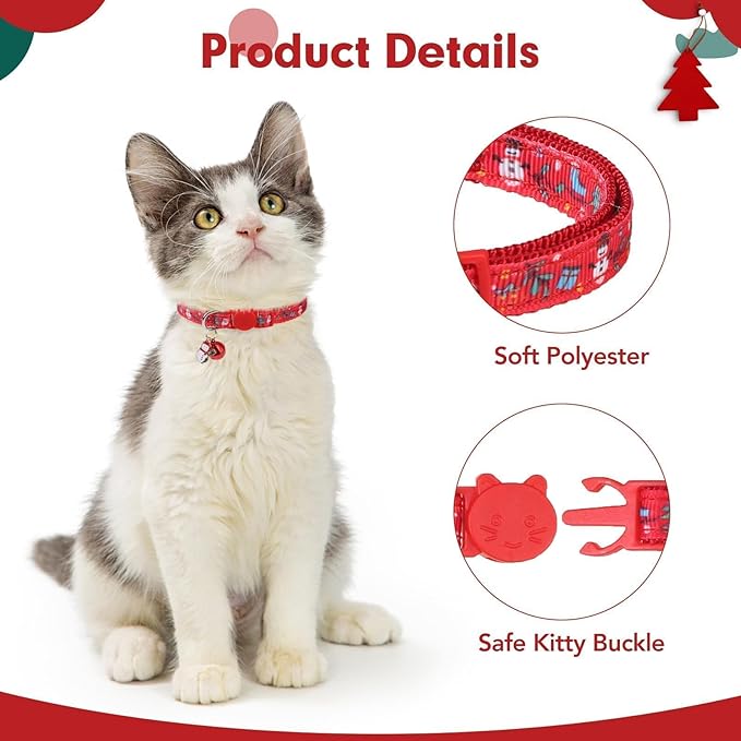 BINGPET Cat Collar, 3 Pack Adjustable Breakaway, Cute Kitty Collars with Bell, Christmas, for Girl Boy Cats & Small Pets