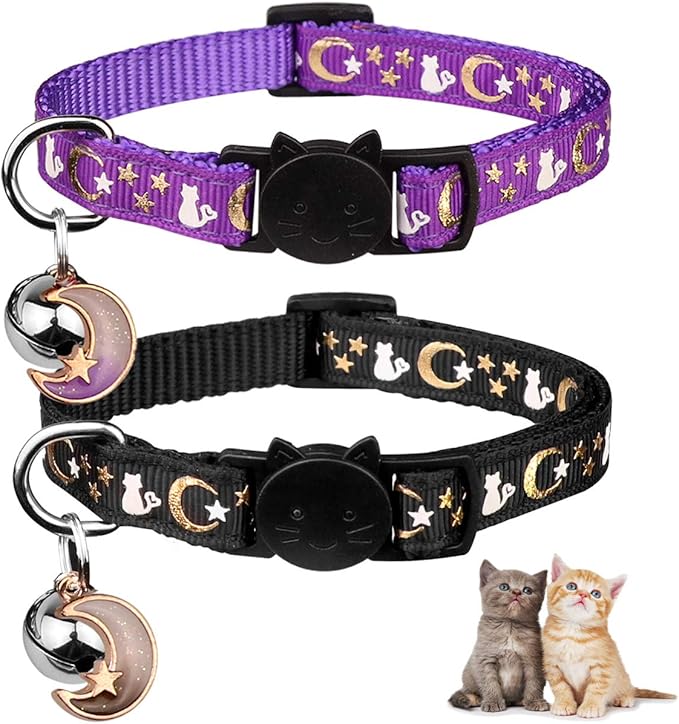 2PCS Breakaway Cat Collars with Bell Cute Kitty Glow in The Dark Adjustable Kitten Collars 7.9-13.0 Inch(Purple&Black)