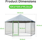 9.1x9.1 FT Outdoor Dog Kennel Heavy Duty Dog Enclosure with Waterproof Cover and Security Lock, Galvanized Wire Mesh Hexagonal Large Dog Kennel(109.4x109.4x95.3IN)