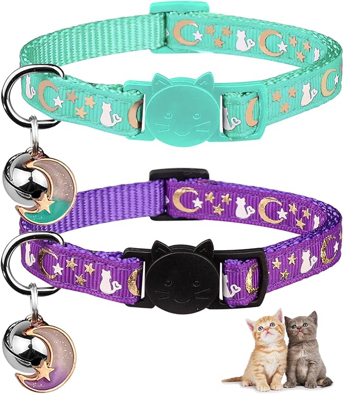 Baeuppit 2PCS Breakaway Cat Collars with Bell Moons Stars Cute Kitty Adjustable Safe Kitten Collars with Pendant Glow in The Dark(Purple&Teal)