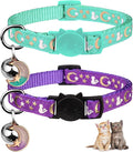 Baeuppit 2PCS Breakaway Cat Collars with Bell Moons Stars Cute Kitty Adjustable Safe Kitten Collars with Pendant Glow in The Dark(Purple&Teal)