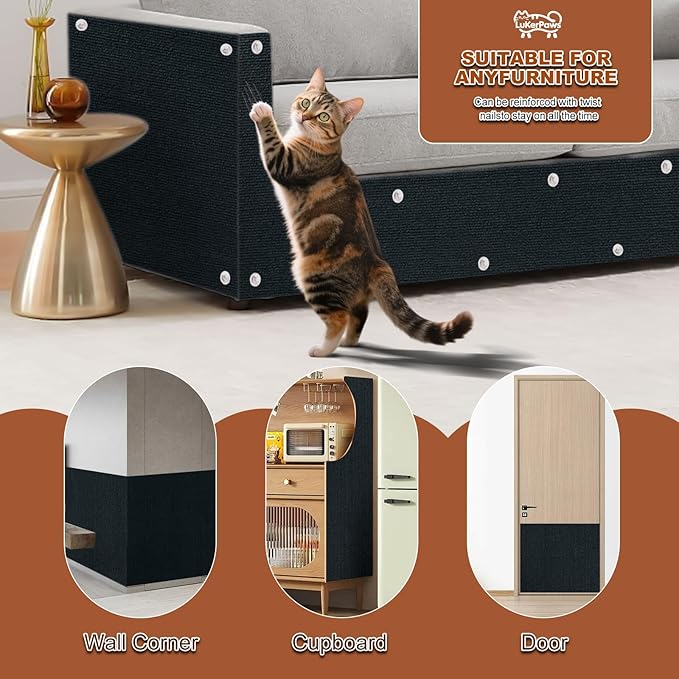Cat Scratch Mat, Self-Adhesive Trimmable cat Scratch Furniture Protector for Couch, cat Scratch pad，cat Tree，DIY Climbing Carpet for Cat Tower Replacement Pads (Black, 78.7" x 15.8")