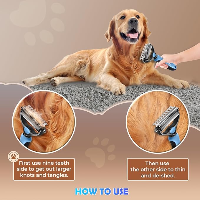 Undercoat Rake for Dogs & Cats, Dematting Comb with Extra Wide Double-Sided Stainless Steel Teeth for Detangling, Deshedding, Brushing, Thinning & Removing Shed Fur, Knots, Mats, and Tangles in Pets