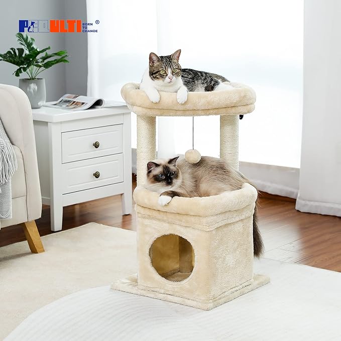PEQULTI Cat Tree Cat Tower for Indoor Cats with Private Cozy Cat Condo, Natural Sisal Scratching Posts and Plush Pom-pom for Small Cats,Beige