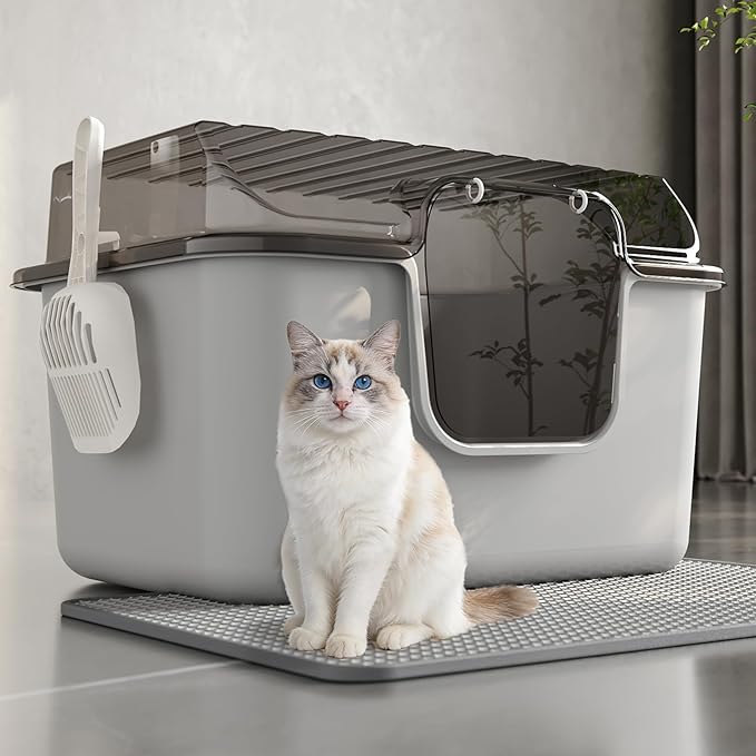 Oneluck Large Cat Litter Box with Transparent Covered,Mat and Scoop, Convenient for Observing Cats, Front Door Flap for Privacy, Gray (23.5" L x 16.9" W x 15.76" H) (23.5" L x 16.9" W x 15.76" H)