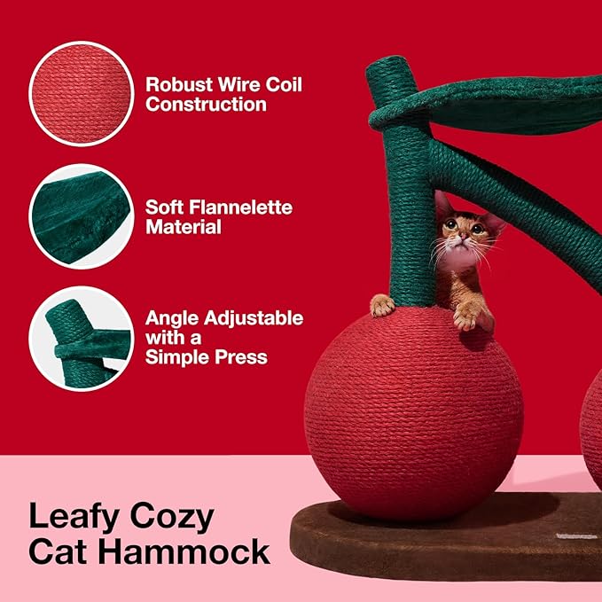 VETRESKA Cat Scratching Post, Large Cherry Cat Scratcher with Hammock, Tall Cat Scratch Interactive Toy with Natural Jute Rope for Indoor Cats, Kittens