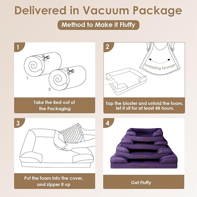 EHEYCIGA Orthopedic Dog Beds for Large Dogs, Waterproof Memory Foam Large Dog Bed with Sides, Non-Slip Bottom and Egg-Crate Foam Pet Couch Bed with Washable Removable Cover, Purple