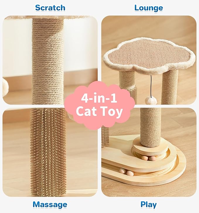 Made4Pets Cat Scratching Post, Cat Self Groomer for Indoor Cats, Cloud Soft Perch for Rest, 17.5" Tall Natural Sisal Scratcher Cat Grooming Interactive Ball Track Toys for Small Cats Kittens