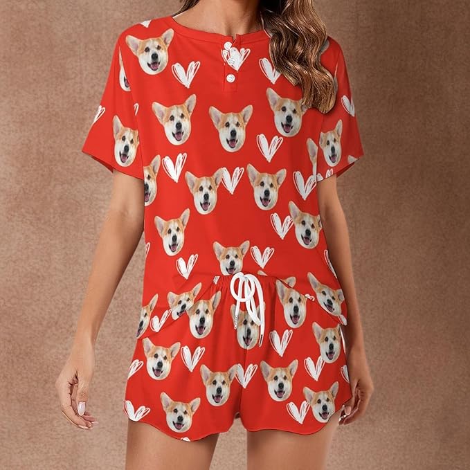 D-Story Custom Short Pajama Set with Pet Face Personalized Photo Sleepwear 2 Pieces Pjs Nightwear Xmas Gift for Women
