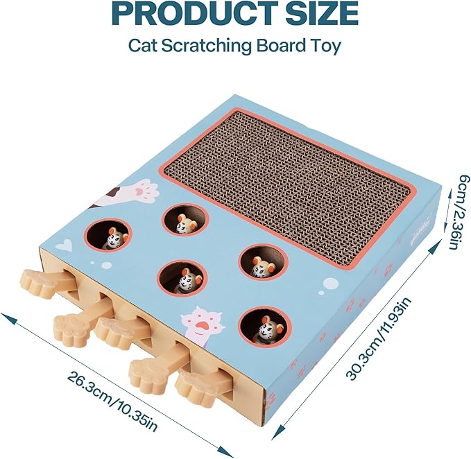 PAWISE 3-in-1 Interactive Cat Toy, Whack-A-Mole Cat Puzzle & Cat Scratching Board with Catnip, Cardboard Cat Scratcher Box for Indoor Cats, Kitten IQ Boost & Boredom Relief