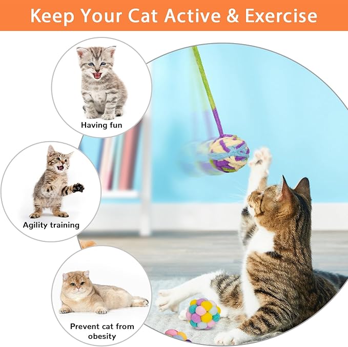 Retro Shaw Cat Toys Balls, 6Pcs Woolen Yarn Cat Ball Toy with Bell Inside, Interactive Kitten Toys for Indoor Cats Kitty, Chew Toys Jingle Pompom Ball with String