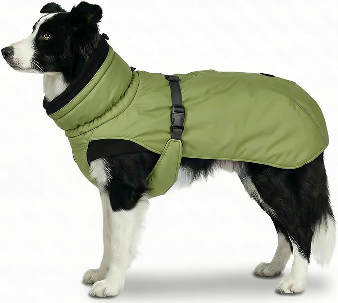 Dog Winter Coat, Warm Puffer Jacket with Fur-Safe Buckle & Leash Hole for Cold Weather, Water-Repellent Snow Vest, Breathable Thermal Apparel for Hiking & Active Dogs (Green, Large)