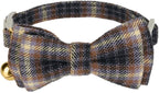 2 Pack Cotton Cat Collar, Removable Bowtie, Plaid Pattern, Safety Breakaway Clasp, Adjustable for Cats.(Adult Cat, Blue and Brown)