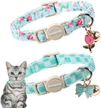 2 Pack Green Flower Cat Collars Breakaway with Bell, DOGWONG Safety Buckle Green Plaid Cute Cat Collar for Girl Boy Cats，Adjustable 7-12 Inch