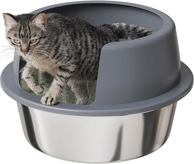 Round High-Sided Stainless Steel Cat Litter Box,Stainless Steel Litter Box with Lid,Extra Large Box,Easy-to-Clean Metal Litter Pan for Cats