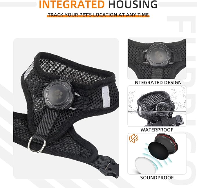 AirTag Cat Harness and Leash for Walking, Integrated Cat Vest with 100% Waterproof Air Tag Holder, Escape Proof Reflective Adjustable Vest Harnesses with Apple Air Tag Case for Cats, Kittens, Puppies