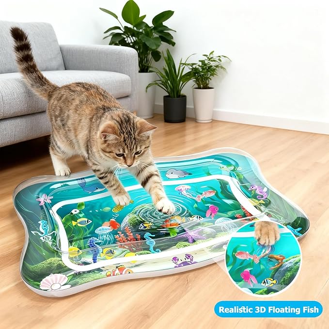 Interactive Cat Toy for Indoor Cats, Upgraded Cat Water Mat with Fish - 0.7mm Thickened Water Sensory Play Pad, Enrichment Stimulating Hunting Exercise Toy for Bored Adult Cats & Kittens