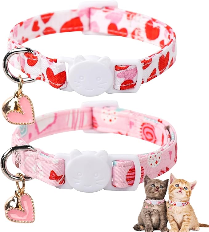 2 Pack Valentine's Day Cat Collar with Bell,Unique Style Paws Valentine's Day Cat Collar with Breakaway Buckle,Adjustable Puppy Collar with Cute Heat Love Pattern,Ideal Gift for Boy Girl Cats