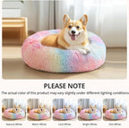 JOLLYVOGUE Calming Dog Bed Large Size Dog, Anti-Anxiety Donut Large Pet Bed, 36 inches Fluffy Faux Fur Round Cat Bed, Fits up to 75 lbs Pets (Rainbow)