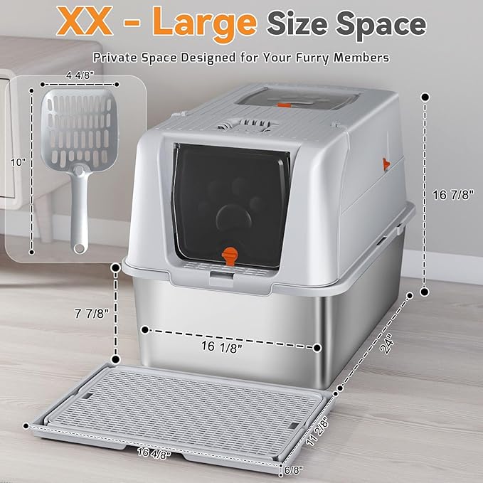 Stainless Steel Cat Litter Box with Lid, 180° Flip Top XXL Enclosed Litter Box with Cat Pedal Step Stool & Scoop, Front Top Dual Entry Steel Extra Large Cats Litter Pan, Light Grey