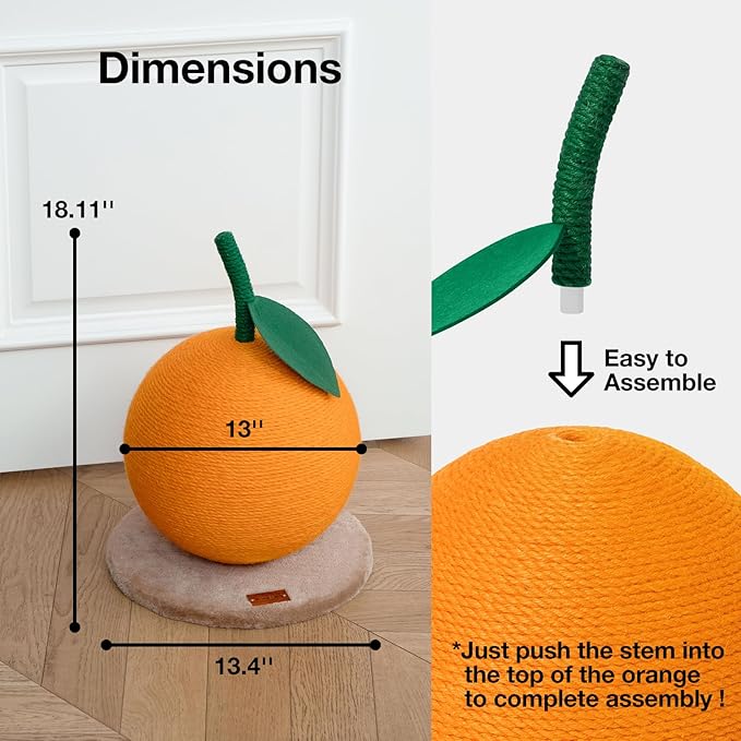 VETRESKA Orange Cat Scratching Post, Cute Cat Scratcher with Jute Rope, Vertical Cat Scratch Post for Indoor Cat and Kitten, Cat Scratching Ball