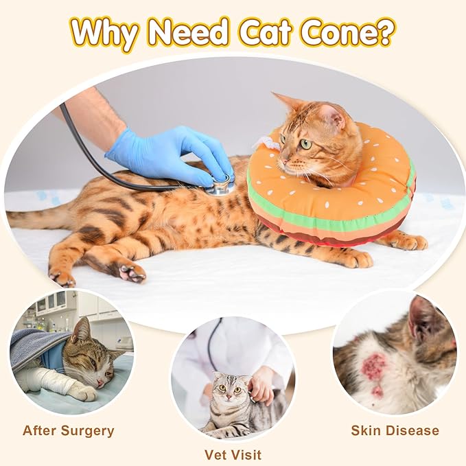 BEAUTYZOO Cat Cone Collars Soft, Cat Recovery E Collars After Surgery to Stop Licking, Adjustable Elizabeth Circle Collar Cute Pet Donut Pillow for Cats Kitten Small Dogs, Hamburger S