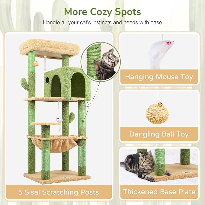 Globlazer Cactus Cat Tree Tower with Scratching Post for Indoor Cats, 53inch Tall Plush Multi-Level Cat Climbing Tower Condo with Large Hammock, Spacious Cat Cave, Padded Top Perch Bed, F53, Green