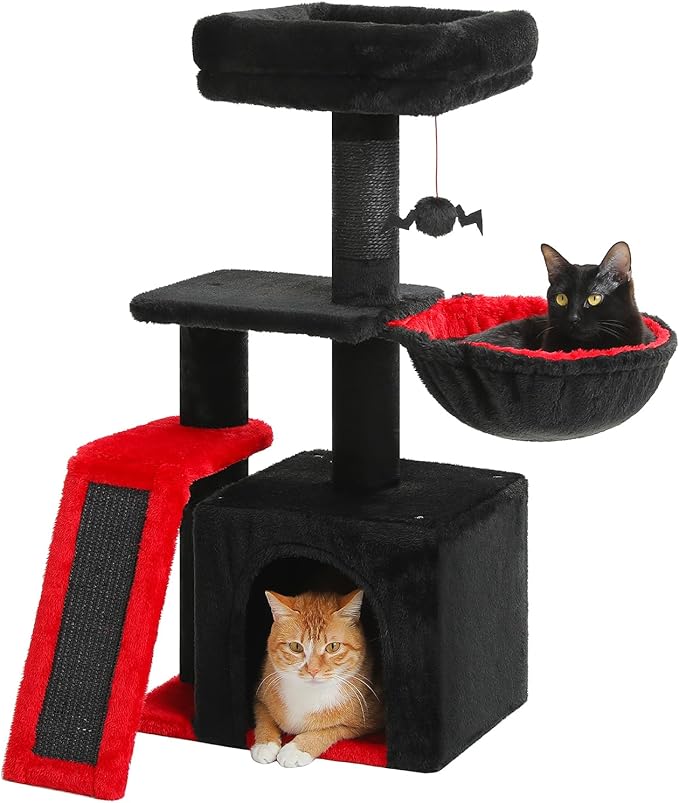 PETEPELA Gothic Cat Tree Tower for Indoor Cats, 31.5'' Small Cat Tower Condo with Sisal Scratching Ramp, Cozy Hammock and Removable Flower Cat Bed Perch for Kittens, Black