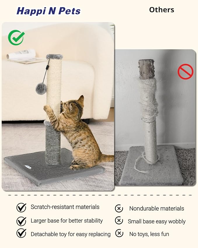 Happi N Pets Cat Scratching Post, Cat Scratcher for Indoor Cats, Sisal Scratching Post & Carpet Post in One, Stable Kitten Scratching Post with Replaceable Toy, Extra Free Toy, Light Gray