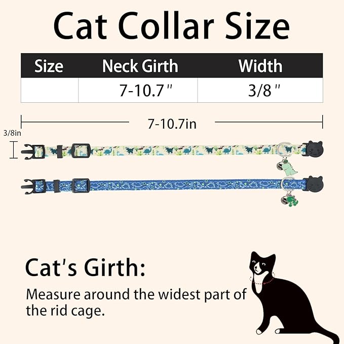 Cat Collar Breakaway, 2 Pack Cotton Cats Collars with Bells, Cute Dinosaurs Shaped for Girl Boy Kittens