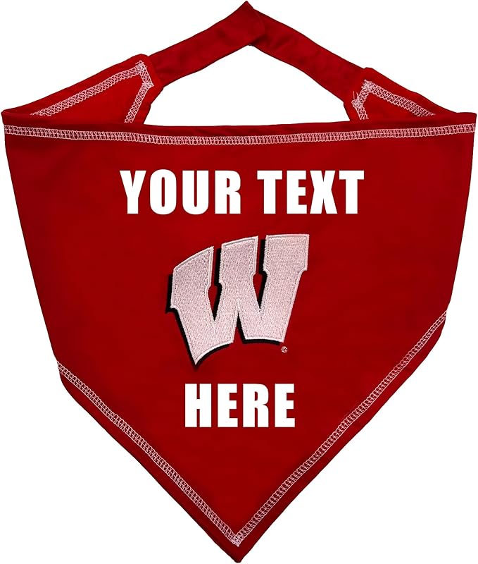 NCAA Wisconsin Badgers Personalized Tie Bandana for Dogs & Cats, Size Large/X-Large. Custom Dog Bandana Scarf Bib for Pet Cat Dog. The Ultimate Game-Day & Party Customizable Bandana