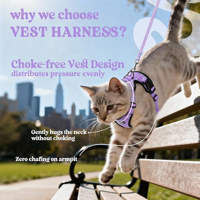 rabbitgoo Cat Harness and Leash for Walking, Escape Proof Soft Adjustable Vest Harnesses for Cats, Easy Control Breathable Reflective Strips Jacket, Light Purple, XXS