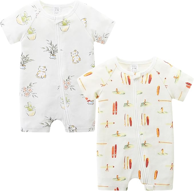 Unisex Summer Trendy 2-Pack Rompers Short Sleeve Zipped Bodysuit Infant Cotton Outfits