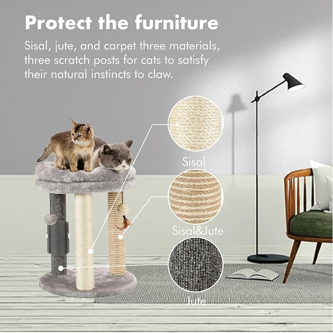 MECOOL 4in1 Small Cat Tree,Scratching Post with Tower Soft Bed, Sisal Carpet Jute Posts with Three Hanging Ball Toys and Massage Brush for Indoor Cats and Kittens