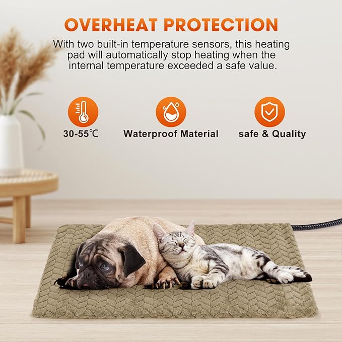 GASUR Heated Cat Bed, Waterproof Cat Heating Pad Indoor w/Timer, Temp Adjustable Pet Heating Pads for Cats Dogs, Auto Power-Off, Cats Warming Bed w/Remove Washable Cover, Anti-Chew,35''x24'', Large
