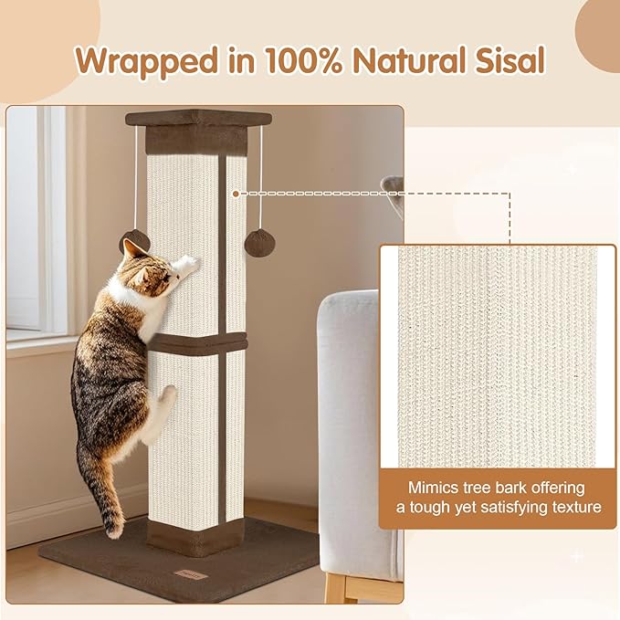Cat Scratching Post 33 inch for Indoor Cats, High Cat Scratch Post Brown, Cat Tree for Full-Body Stretching, Protect Your Furniture