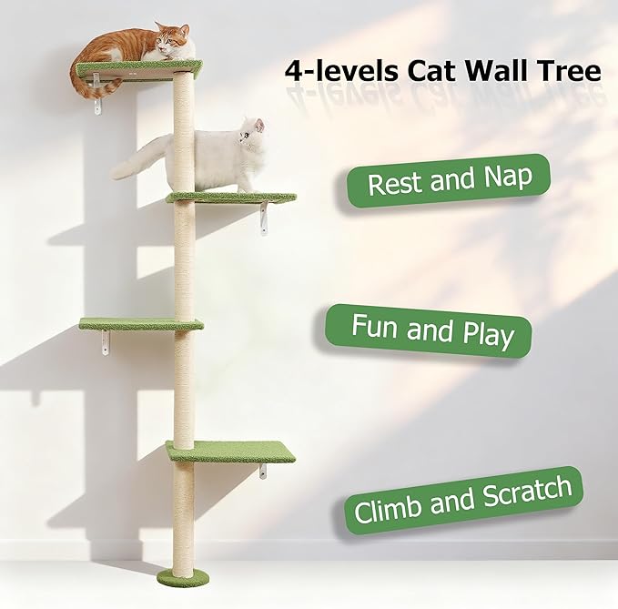 Tall Cat Scratching Posts,4 Tier Corner Cats Tree, Wall Mounted Kitten Tower,Carpeted Climbing Wall for Indoor Kitty Perching,Playing and Lookout(Green)