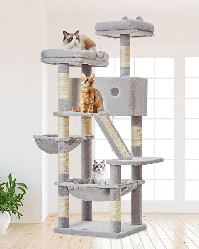 Taoqimiao Cat Tree 57.5-Inch, Cat Tower for Indoor Cats Large Adult, Extra Large Cat Condo, 8 Sisal Scratching Posts, Metal Frame Cozy Hammock, Durable Scratch Board, 2 Top Perches, Light Gray MS026W